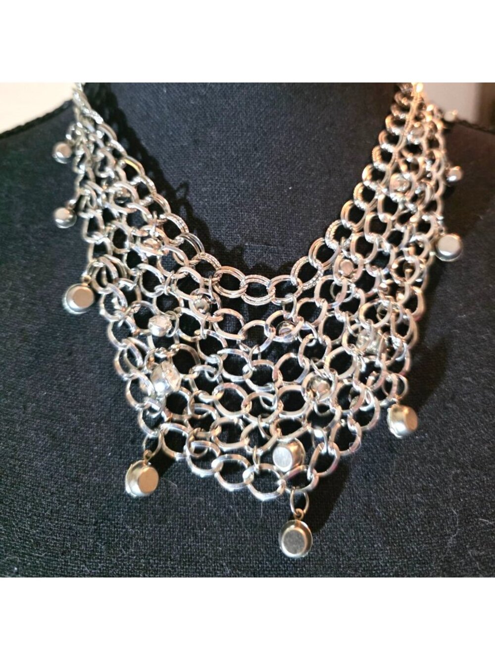 Silver tone Chainmail Statement Necklace Bib Dangling Beads Adjustable jewelry